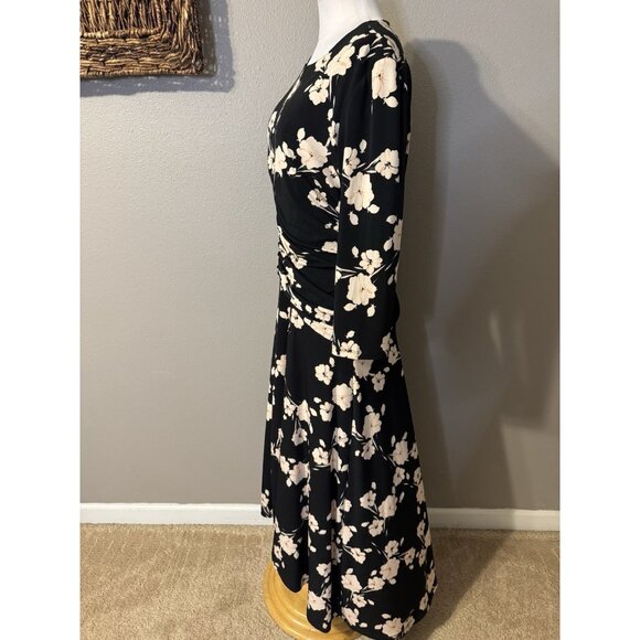 Maggy London Midi Dress 14 Black Pink Ivory Floral Ruched 3/4 Long Sleeve NEW - Picture 14 of 16